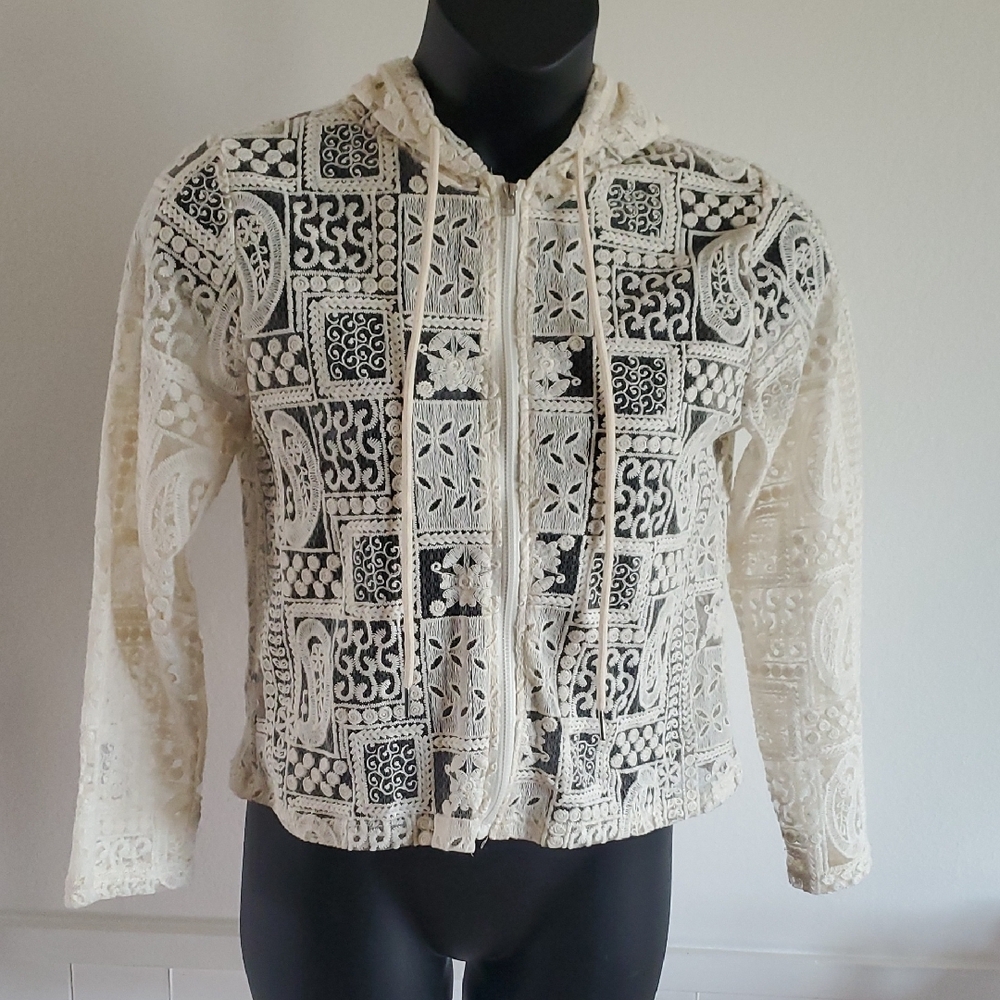 LIV Los Angeles Lace Crochet Zip-Front Hoodie Jacket Small Ivory New